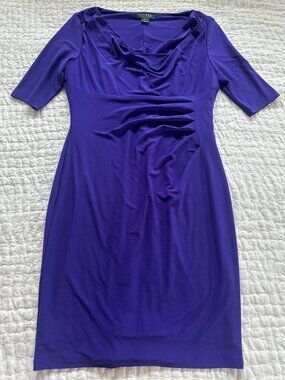 Lauren Ralph Lauren Purple Ruched Sheath Dress 12P 3/4 Sleeve Stretch Cocktail
